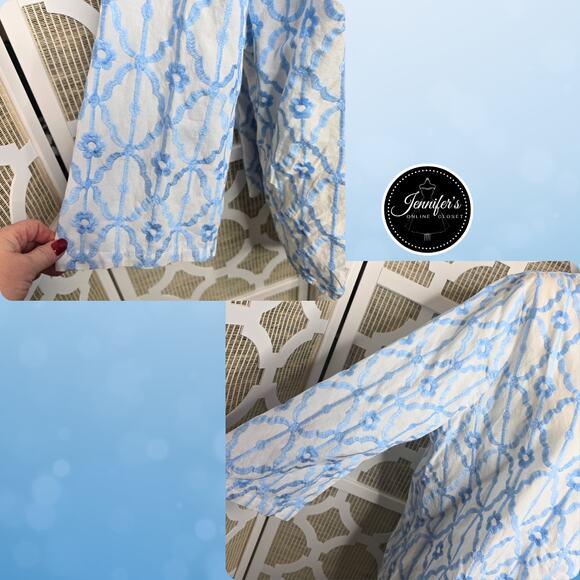 Ruby Rd. Blue & White Embroidered Trellis Pattern Button Front Blouse Size XL - Picture 10 of 14